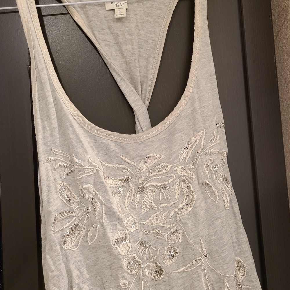 Gilly Hicks Tunic, Color: Light Grey with embroidered flowers and beads, Size L
